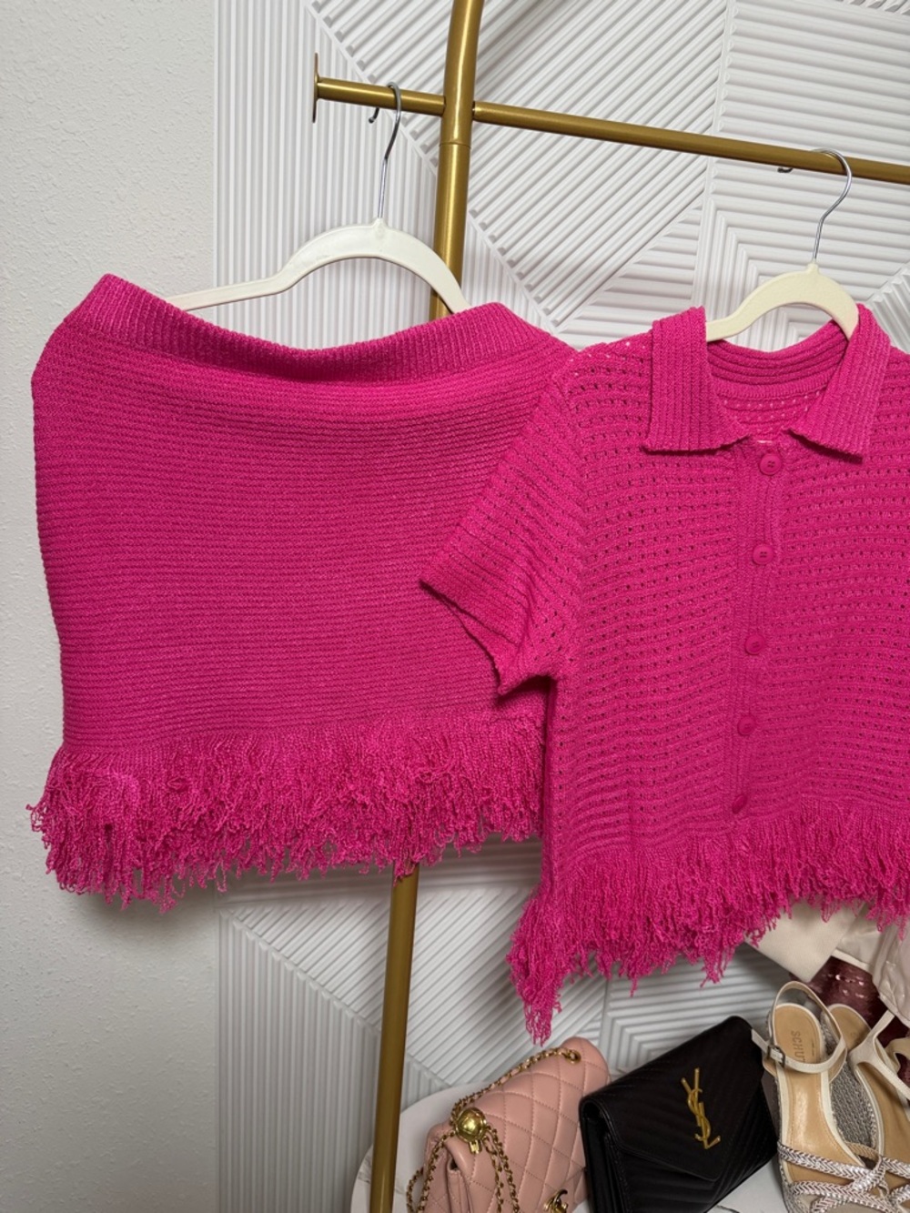 size S new Hot Pink Knit Fringe Two-Piece Set - Picture 5 of 7